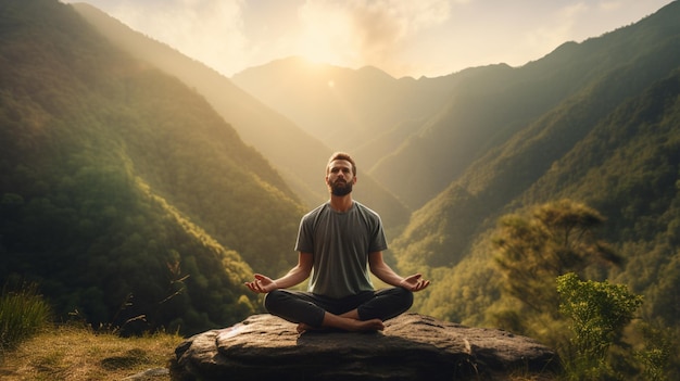 Hombre meditando en posición de loto en la cima de la montaña