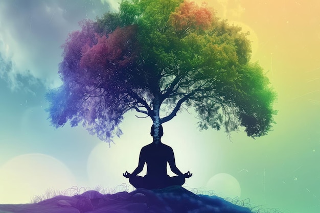 Foto hombre meditando en posición de loto con fondo de árbol atención para la salud mental y la relajación