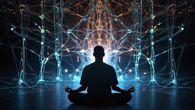 Hombre meditando en postura de loto con líneas brillantes en fondo oscuro