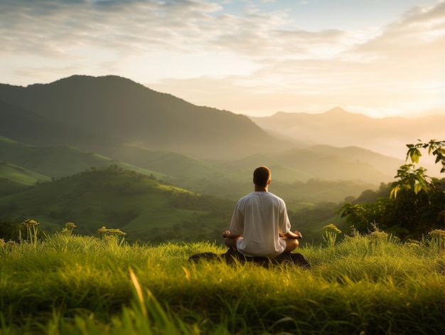 Hombre meditando en el seno de la naturaleza.