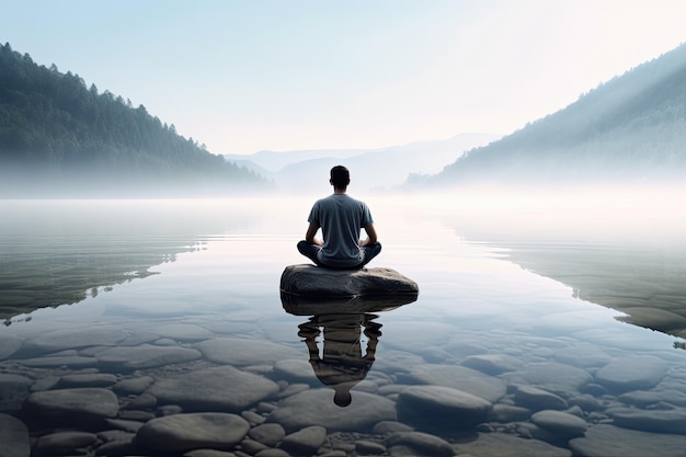 Foto un hombre meditando sobre una roca frente a un lago de montaña.