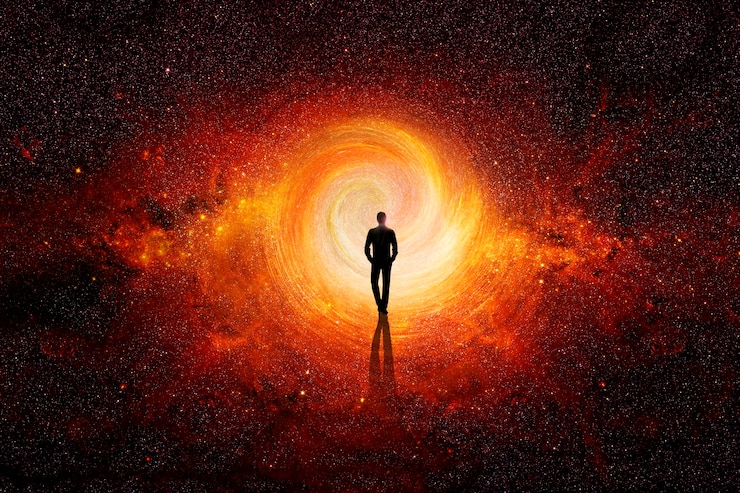 Foto hombre meditando con el universo