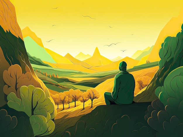 Un hombre meditando en yoga frente a la vista de la montaña al amanecer ilustración de arte digital del paisaje