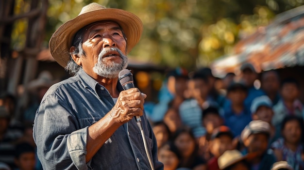 Hombre con un megáfono lidera a la gente en una protesta Agricultores protestan