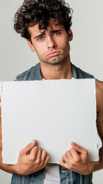Un hombre melancólico sosteniendo una tabla blanca en blanco