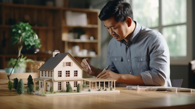 Un hombre en una mesa con un modelo en miniatura de una casa el modelo en miniatura es una casa de dos pisos con un porche y árboles alrededor generativa ai