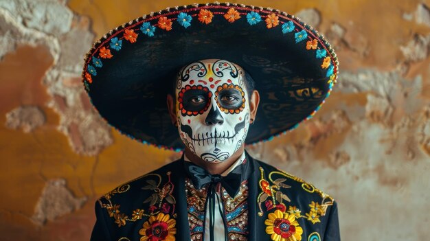 Foto hombre mexicano con pintura facial para el dia de los muertos celebrando el cinco de mayo