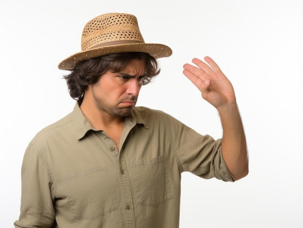 Hombre mexicano en pose emocional sobre un fondo blanco