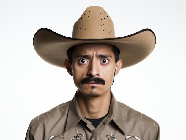 Hombre mexicano en pose emocional sobre un fondo blanco