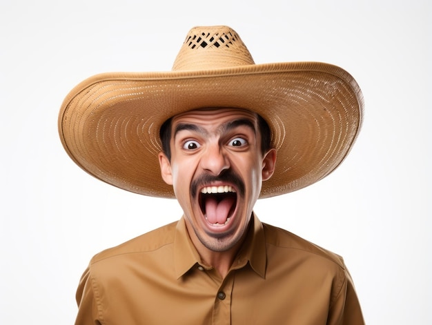 Hombre mexicano en pose emocional sobre un fondo blanco