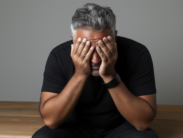 Hombre mexicano en pose emocional sobre un fondo blanco