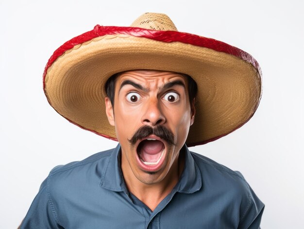 Hombre mexicano en pose emocional sobre un fondo blanco