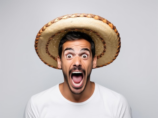 Hombre mexicano en pose emocional sobre un fondo blanco