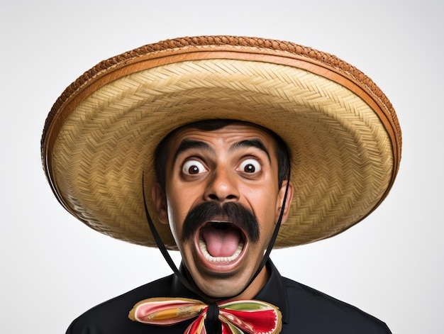 Hombre mexicano en pose emocional sobre un fondo blanco