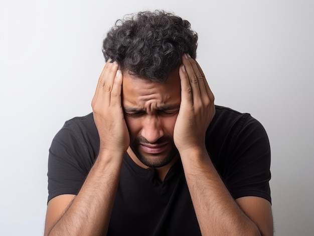 Hombre mexicano en pose emocional sobre un fondo blanco