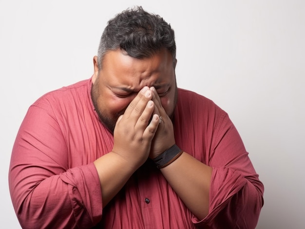 Hombre mexicano en pose emocional sobre un fondo blanco