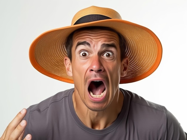 Foto hombre mexicano en pose emocional sobre un fondo blanco