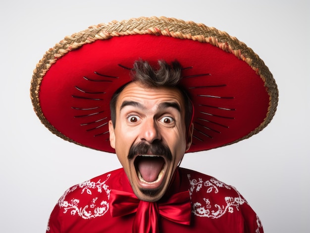 Hombre mexicano en pose emocional sobre un fondo blanco