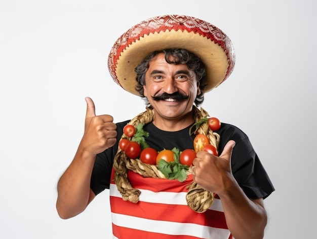 Foto hombre mexicano en pose juguetona sobre fondo blanco.