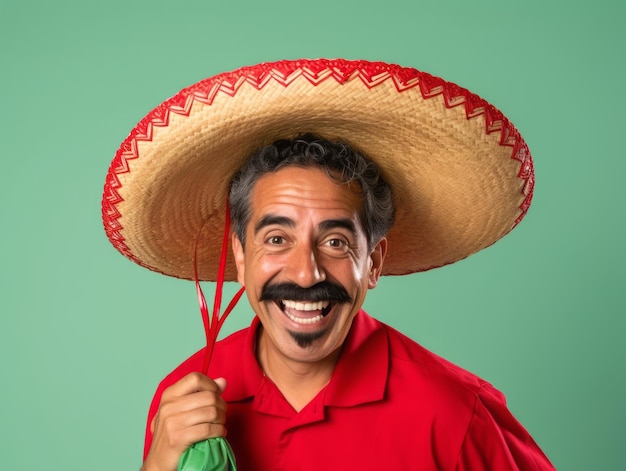 Foto hombre mexicano en pose juguetona sobre fondo sólido