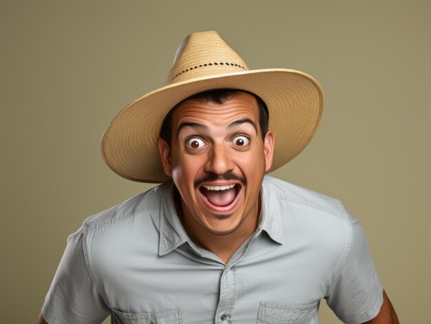 Hombre mexicano en pose juguetona sobre fondo sólido