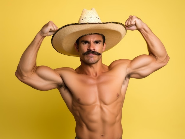 Hombre mexicano en una pose lúdica sobre un fondo sólido