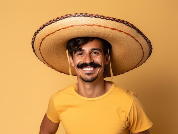 Hombre mexicano en una pose lúdica sobre un fondo sólido