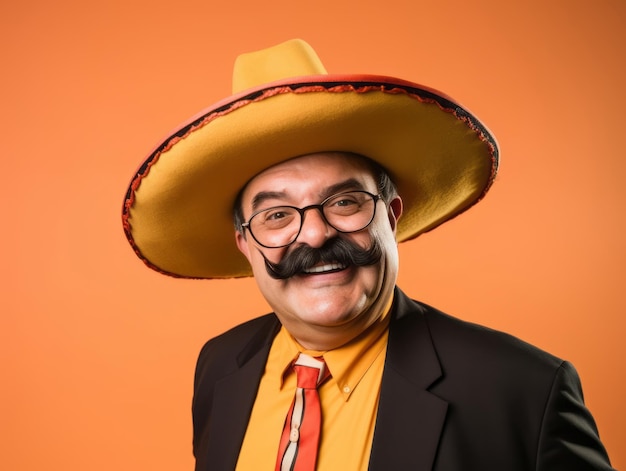 Foto hombre mexicano en una pose lúdica sobre un fondo sólido