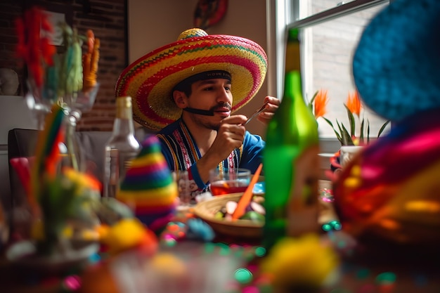 Foto hombre mexicano con sombrero en traje tradicional mexicano