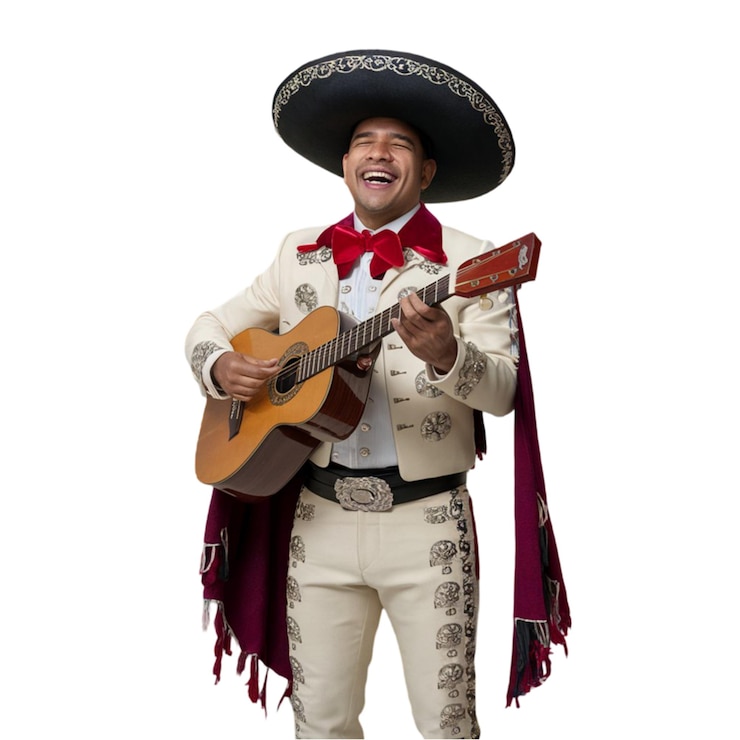 Foto hombre mexicano sonriente con trajes tradicionales de mariachi aislado sobre un fondo blanco
