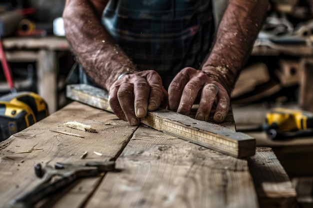 Hombre midiendo una tabla de madera con herramientas de trabajo de cerca con las manos