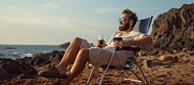 Hombre milenario disfrutando del ocio al aire libre junto al océano descansando en una silla de camping bebiendo refrescos