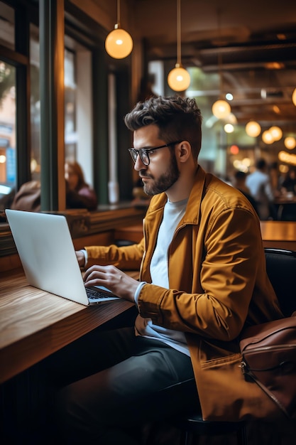 Un hombre milenario hipster usando una computadora portátil en la cafetería o restaurante trabajando en línea