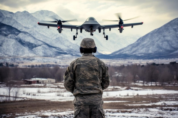 Hombre militar en entrenamiento de control de drones vehículo aéreo no tripulado generativo ai