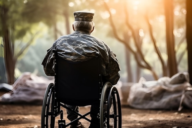 Hombre militar jubilado discapacitado soltero en silla de ruedas que baja por el sendero IA generativa