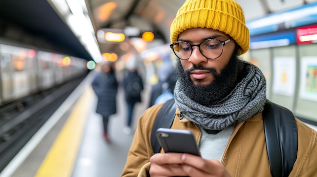 Foto hombre millennial de pie en la plataforma del metro usando su teléfono inteligente para comprobar mensajes y actualizaciones