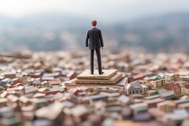 Hombre en miniatura de pie sobre una pila de libros