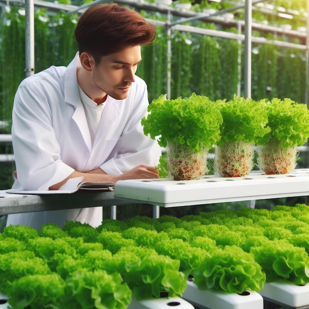 Un hombre mira las plantas cultivadas en hidroponía.