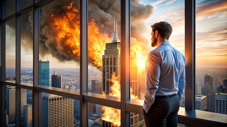 un hombre mira por una ventana y mira un fuego que está ardiendo