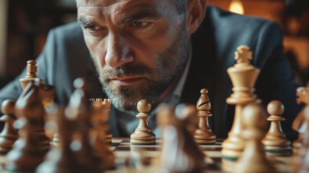 Foto un hombre con una mirada intensa centrada en una partida de ajedrez contemplando su próximo movimiento estratégico en alturas