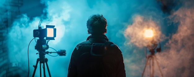 Foto un hombre está mirando al cielo con un hombre en una chaqueta