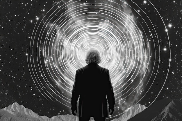 Un hombre mirando hacia arriba a una espiral de estrellas