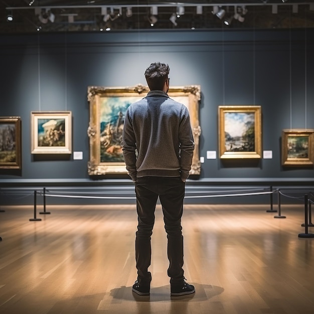 Hombre mirando arte en museo