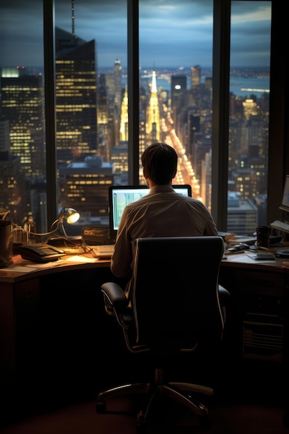 Foto hombre mirando a la ciudad desde la ventana de su oficina por la noche