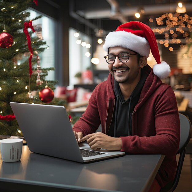 Foto hombre mirando una computadora portátil con un sombrero de papá noel