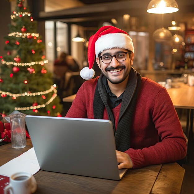 Foto hombre mirando una computadora portátil con un sombrero de papá noel