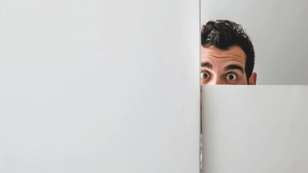 Foto hombre mirando desde detrás de la pared blanca