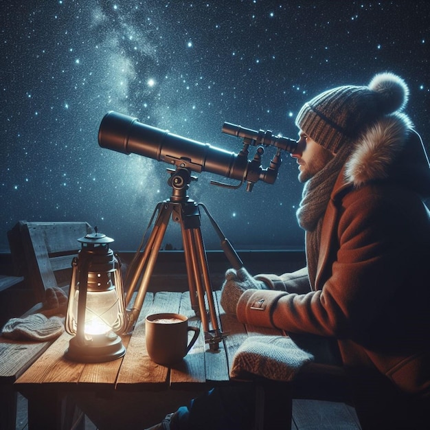 Foto hombre mirando el espacio en su telescopio
