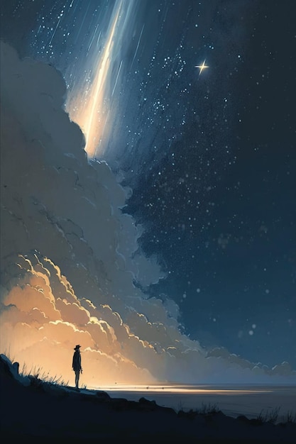 Un hombre mirando una estrella fugaz en el cielo.