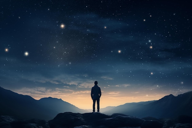 Hombre mirando las estrellas en el cielo nocturno lleno de estrellas IA generativa